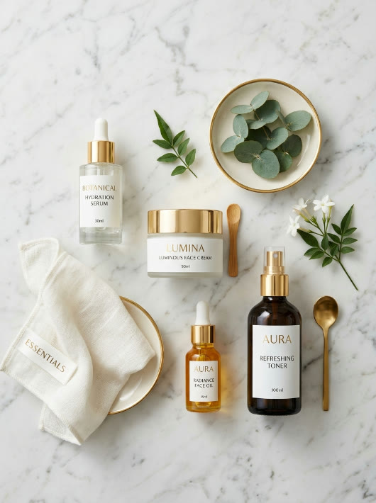 Premium skincare products arranged on a marble counter